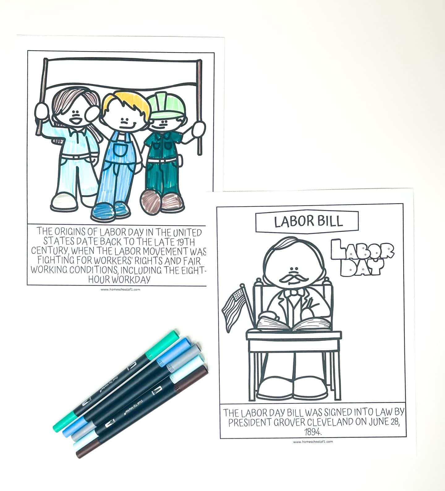 Coloring pages about Labor Day history, featuring workers holding a banner and President Grover Cleveland signing the Labor Day bill, with partial coloring and markers nearby.