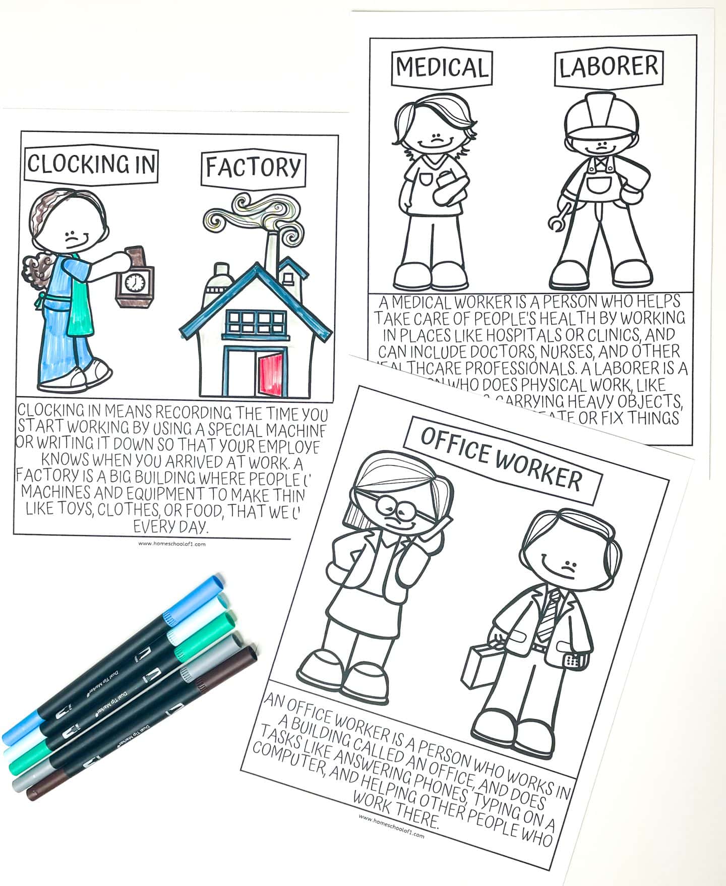 Children’s coloring pages showing different jobs: factory worker clocking in, medical worker, laborer, and office workers, with partial coloring and job descriptions.