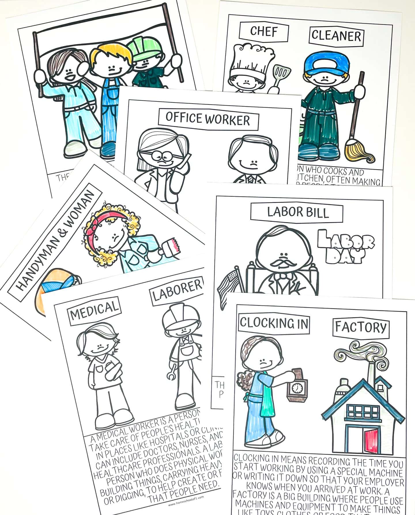 A collection of children's coloring pages featuring various jobs and Labor Day history, including roles like office worker, cleaner, chef, laborer, and handyman, with some characters partially colored.