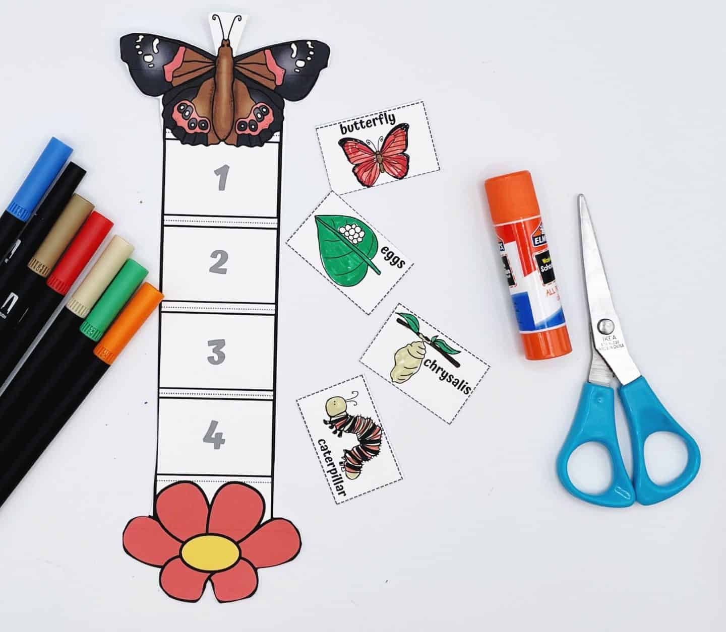 A butterfly life cycle cut-and-paste activity for kids featuring a numbered flower-themed chart from 1 to 4, along with cutout images labeled butterfly, eggs, chrysalis, and caterpillar. Craft supplies including markers, scissors, and a glue stick are arranged around the worksheet for easy assembly.

