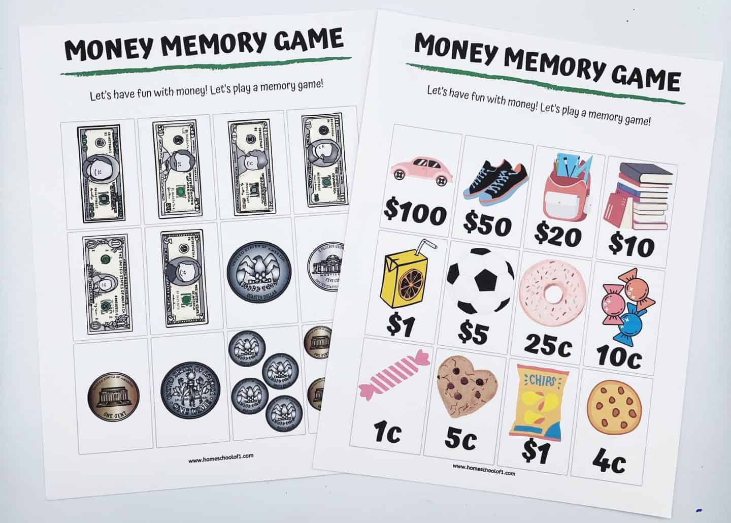 Two printable money memory game sheets are shown side by side. The left sheet features images of U.S. bills and coins, while the right sheet displays everyday items with corresponding prices, such as $100 for a car and 5¢ for a cookie. The activity is designed to teach kids about currency and value matching in a fun, visual way.