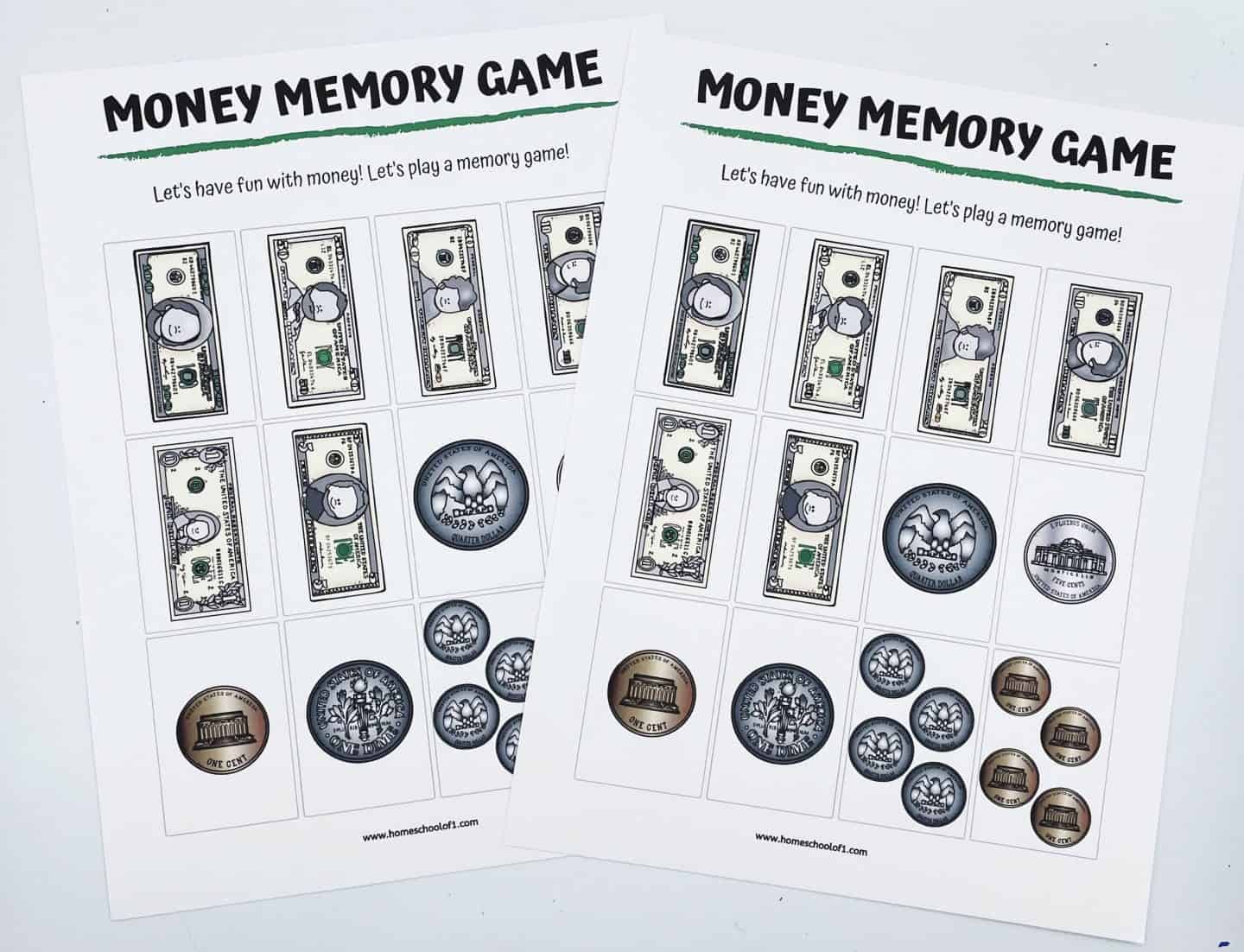 Two sheets of a printable Money Memory Game are displayed, each showing illustrated U.S. currency including various denominations of bills and coins. The images feature presidents on the bills and realistic coin designs like pennies, nickels, and quarters. The activity is designed to help children recognize and match different forms of money.