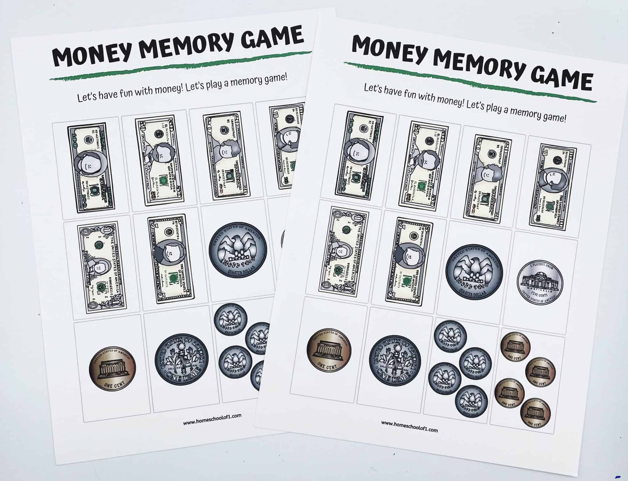 Free Money Memory Game Printable for Kids