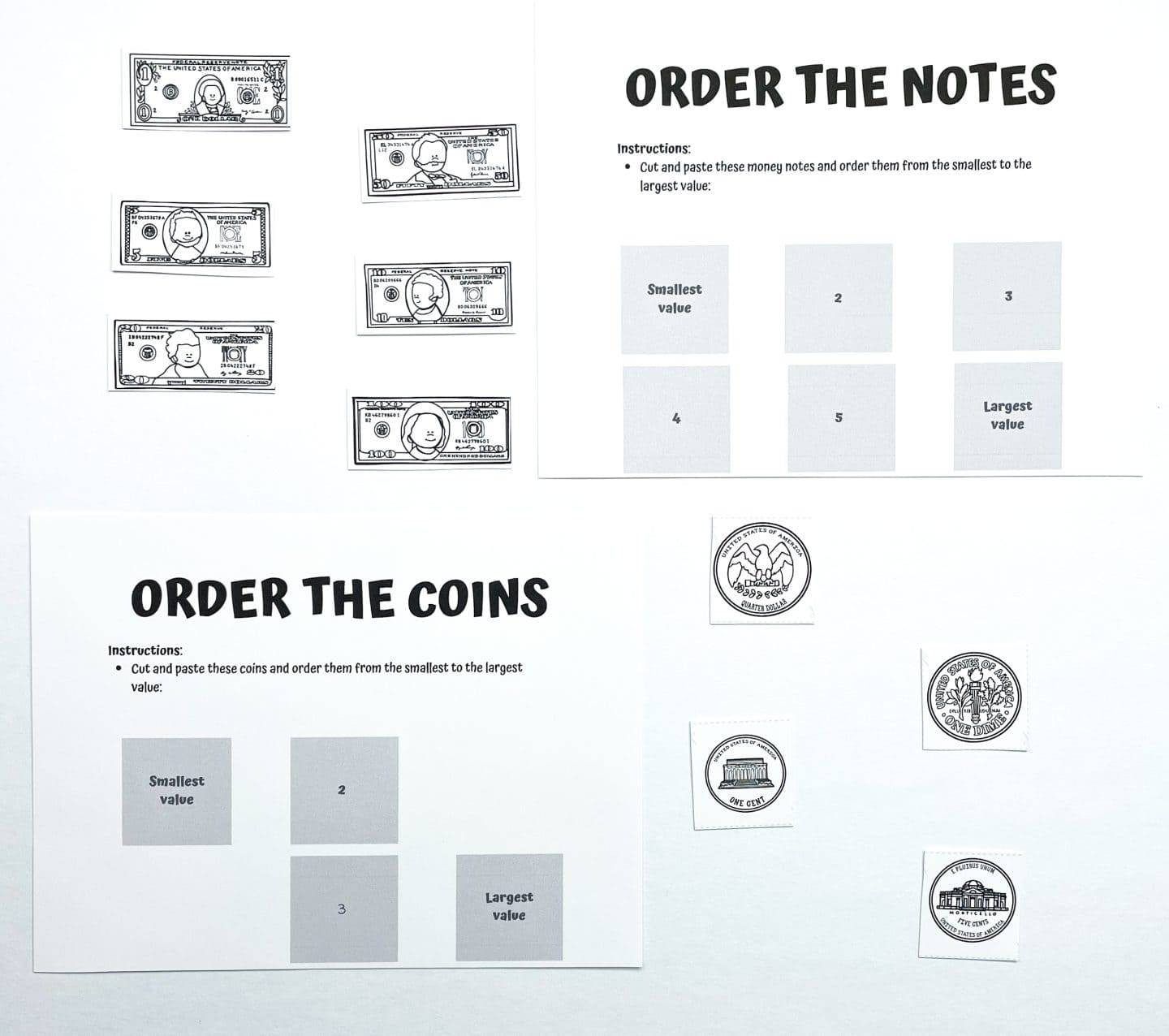 Two printable worksheets labeled "Order the Notes" and "Order the Coins" designed to help kids learn currency values. Each worksheet includes cut-out illustrations of U.S. dollar bills and coins to be pasted in ascending order of value, from smallest to largest. The layouts include labeled boxes for each step in the sequence to guide kids in organizing the money correctly.








