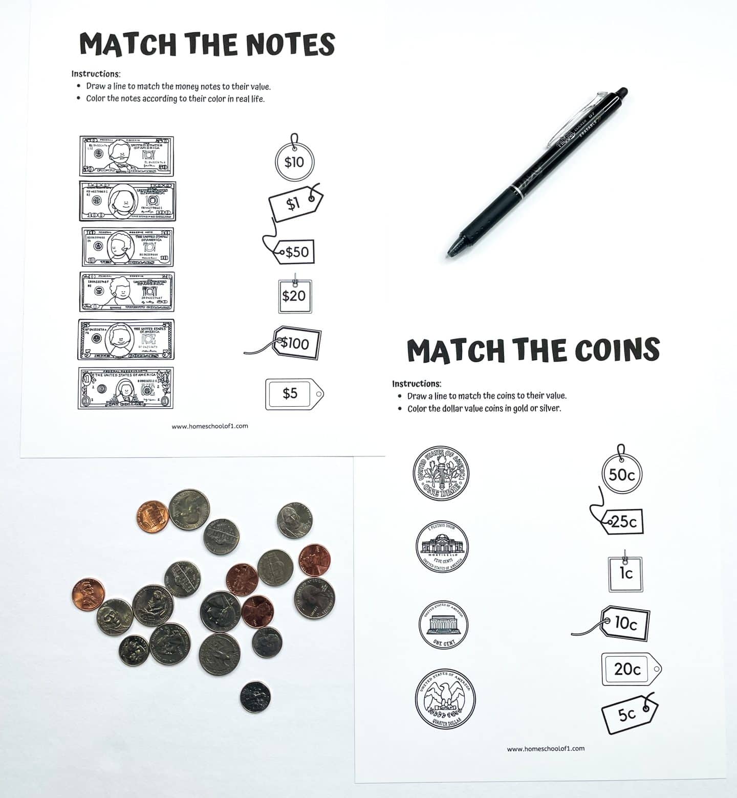 Two printable worksheets titled "Match the Notes" and "Match the Coins" designed to help kids identify and match U.S. currency values. One sheet shows drawings of various denominations of paper money to match with price tags like $1, $5, and $100. The second worksheet includes coin illustrations to match with values such as 1¢, 10¢, and 50¢. Real coins are scattered below the pages as a hands-on learning aid.







