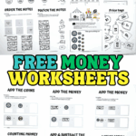 Free money worksheets for kids including counting coins, matching notes, shopping lists, and printable price tags