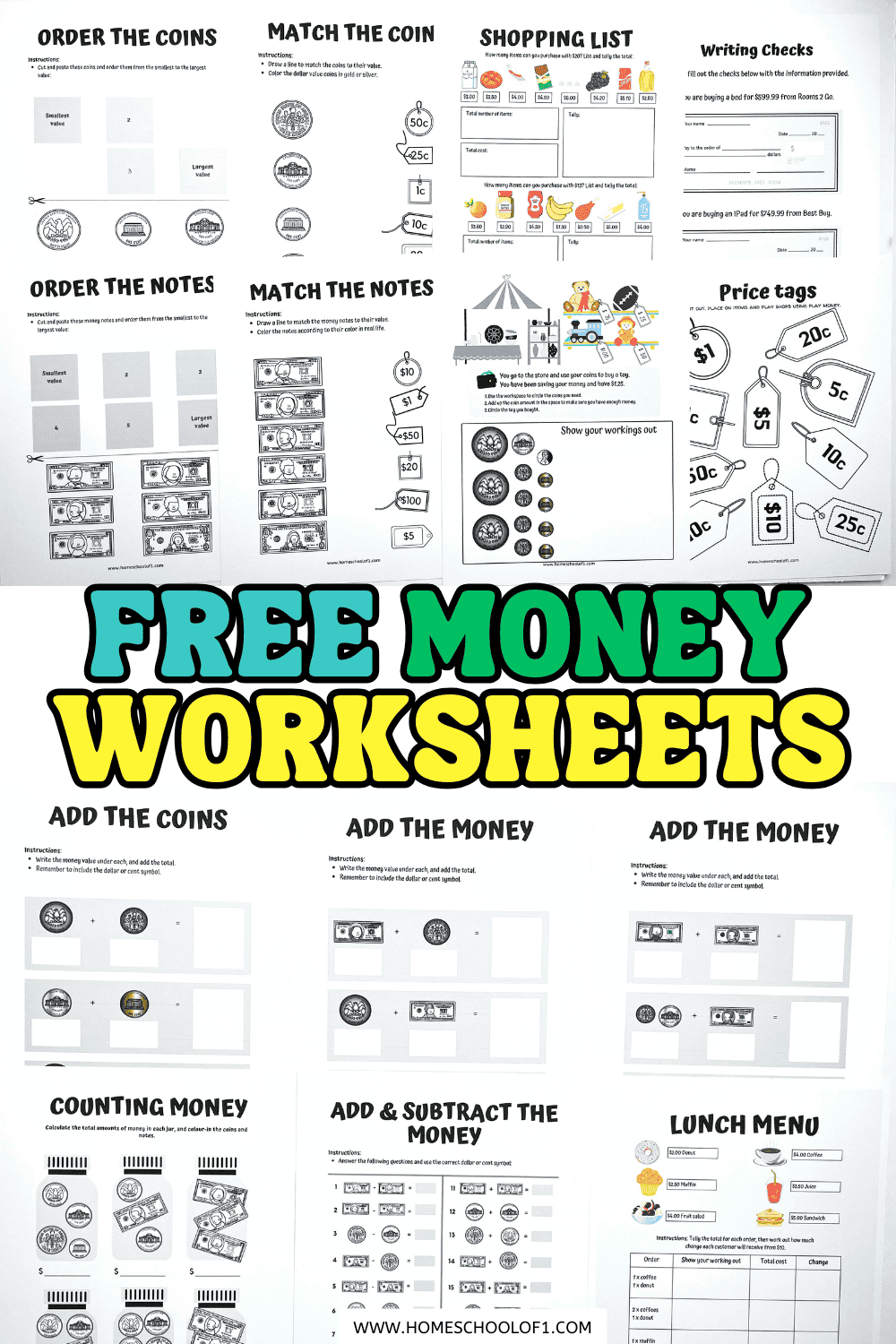 Free money worksheets for kids including counting coins, matching notes, shopping lists, and printable price tags
