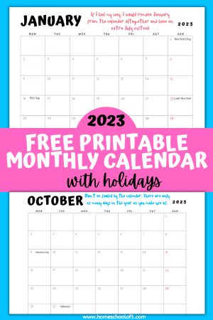 free 2023 printable monthly calendar with holidays