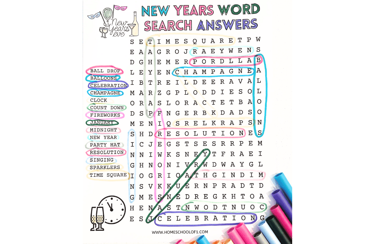 Colorful printable New Year’s word search answer sheet with circled words like champagne, balloons, and resolution, featuring festive clipart and colored markers at the bottom.