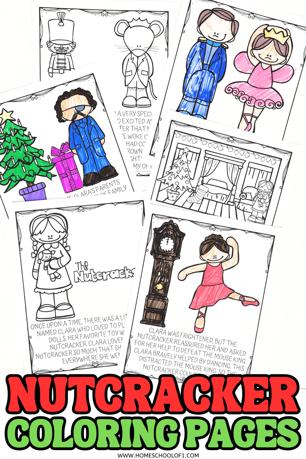 Nutcracker coloring pages featuring Clara, the Nutcracker soldier, the Mouse King, and festive Christmas scenes.

