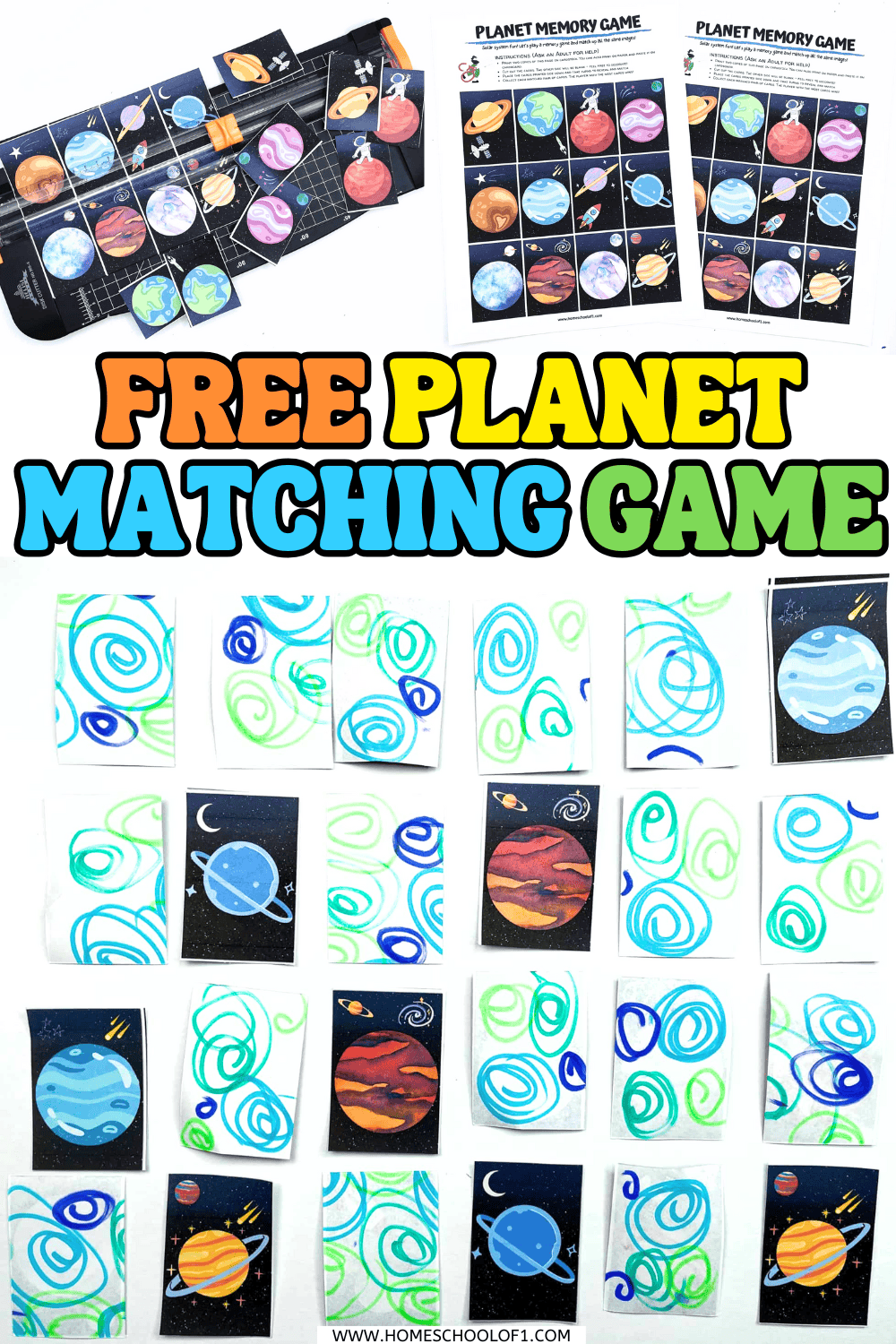 Free printable planet matching game with colorful space cards, great for kids to learn planets while playing.