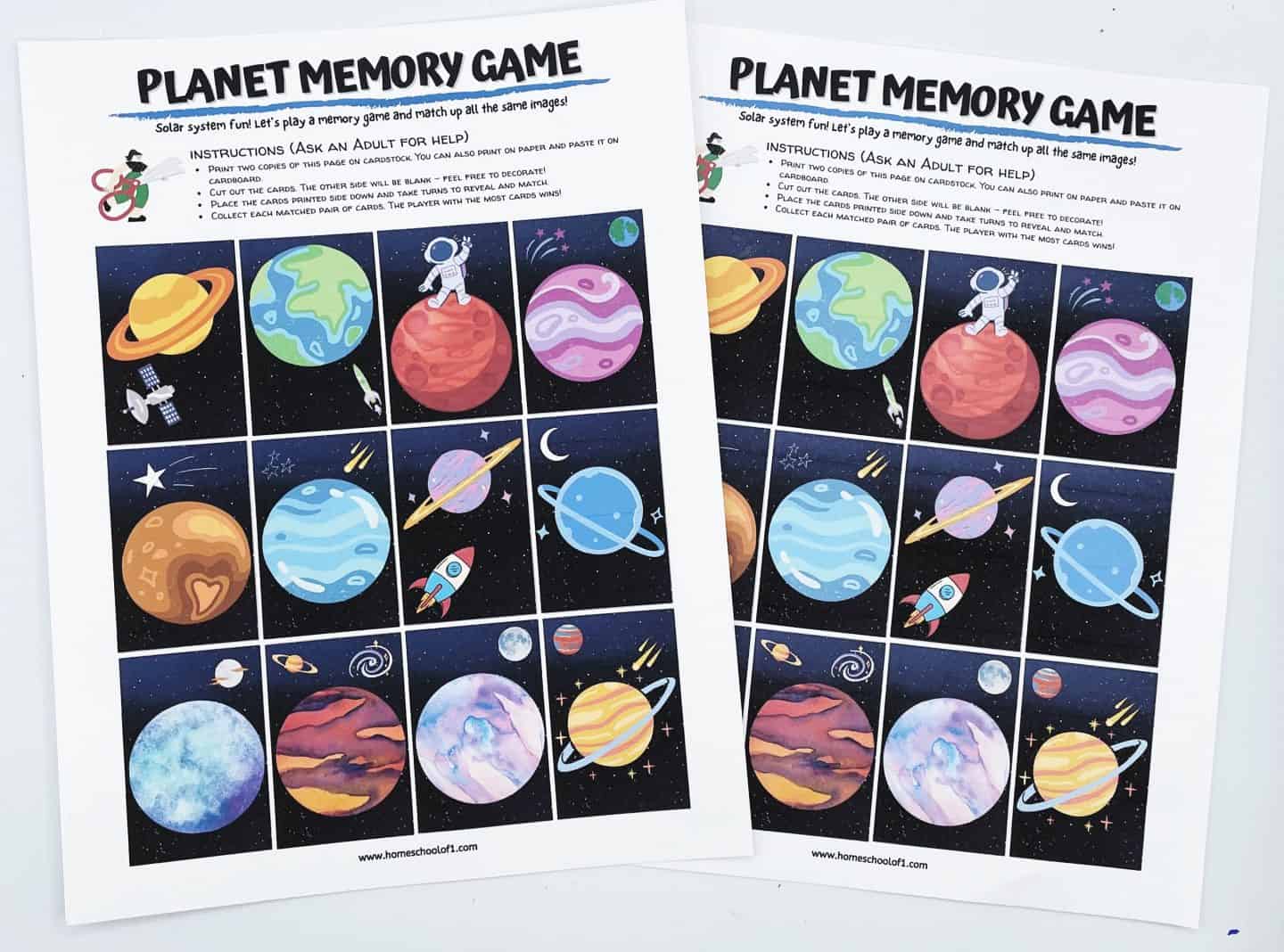 Two printed sheets of a 'Planet Memory Game' with illustrated space-themed cards featuring planets, rockets, astronauts, satellites, and celestial backgrounds. Each sheet includes 18 colorful cards meant to be cut out and matched, with instructions at the top encouraging adult assistance for setup.