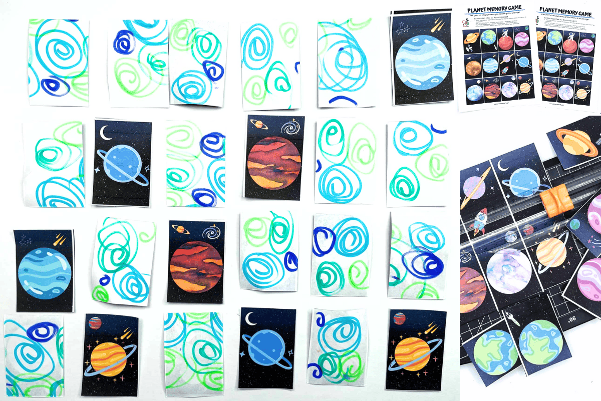 Printable planet memory game cards cut out and arranged, featuring colorful planets on a starry background.