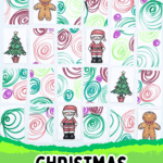 Christmas matching cards for preschoolers showing festive icons like Santa, tree, and gingerbread man with colorful spiral backgrounds
