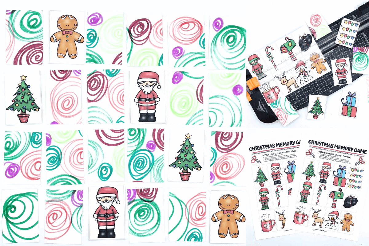 Printable Christmas memory game featuring cut-out cards with festive illustrations like Santa, gingerbread man, Christmas tree, reindeer, and holiday treats. Cards are shown laid out with colorful swirly backs, cutting tools, and printed game sheets.