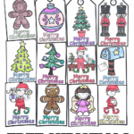 Colored Christmas gift tags featuring nutcrackers, elves, gingerbread men, and more with “Merry Christmas” messages.