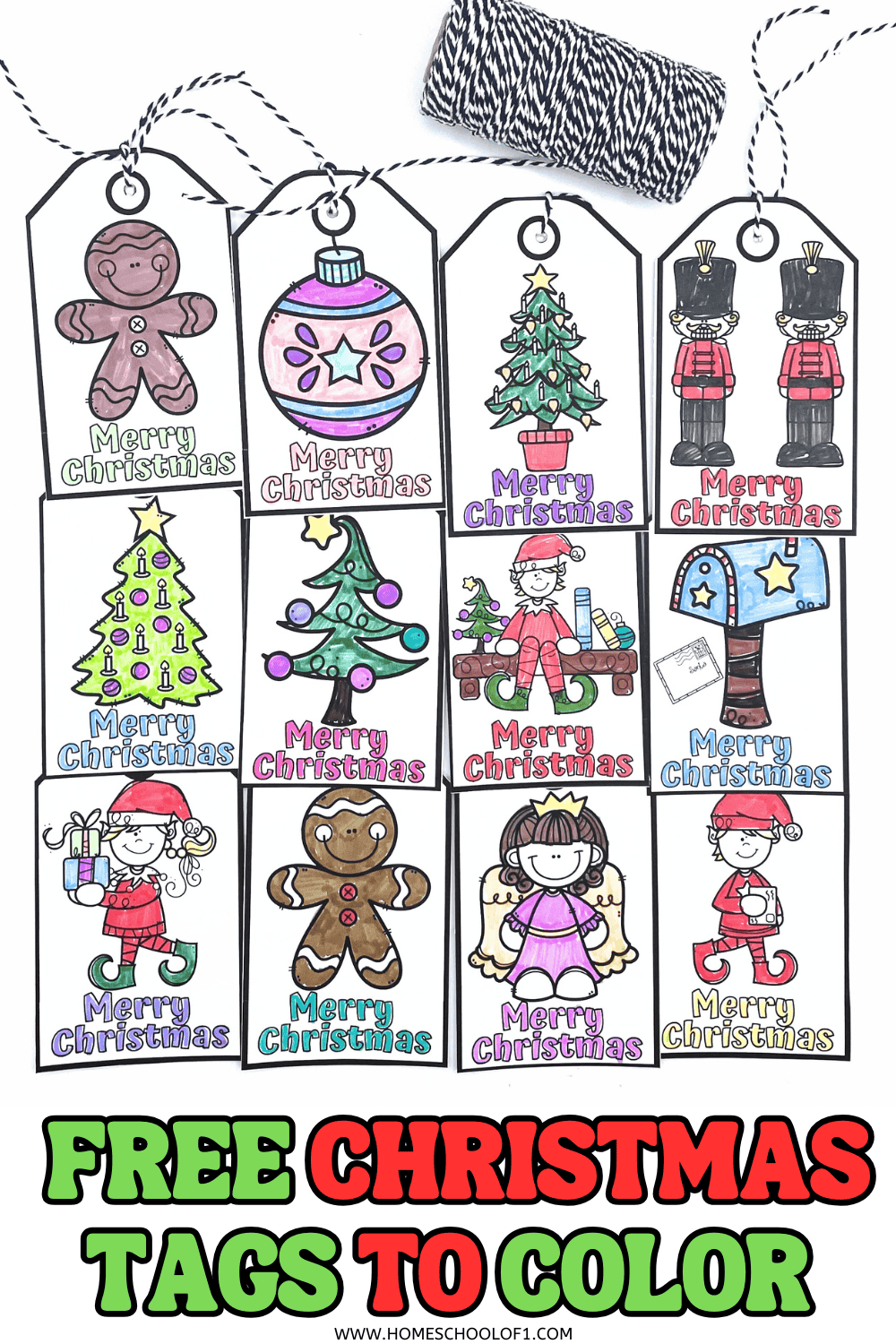 Colored Christmas gift tags featuring nutcrackers, elves, gingerbread men, and more with “Merry Christmas” messages.

