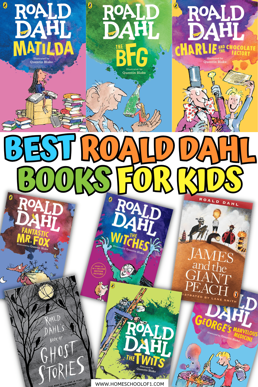 A colorful collage of Roald Dahl book covers for kids, including Matilda, The BFG, Charlie and the Chocolate Factory, Fantastic Mr. Fox, The Witches, James and the Giant Peach, George’s Marvelous Medicine, The Twits, and Roald Dahl’s Book of Ghost Stories. Bold text in the center reads “Best Roald Dahl Books for Kids.”