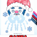 Santa handprint craft with a red hat and blue handprint beard, surrounded by snowflakes and markers.