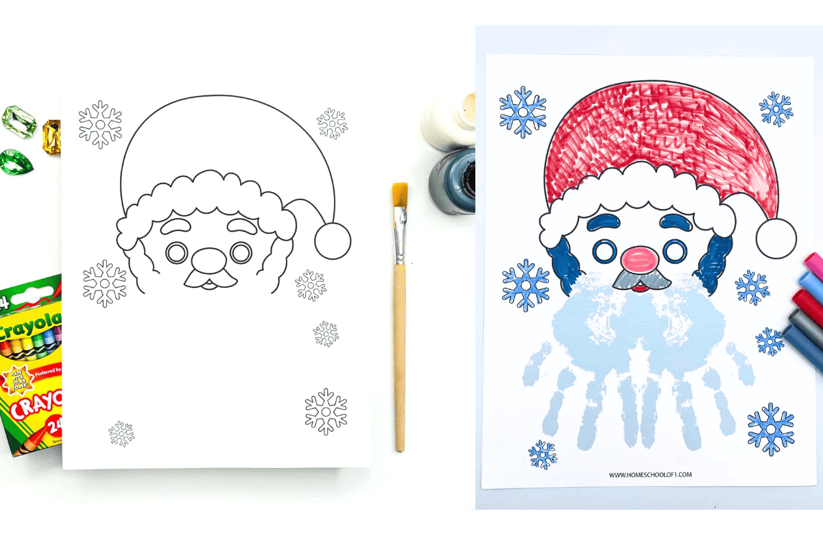 Side-by-side view of a blank Santa handprint template and a completed craft with colored hat and grey painted handprint forming Santa’s beard, surrounded by art supplies.