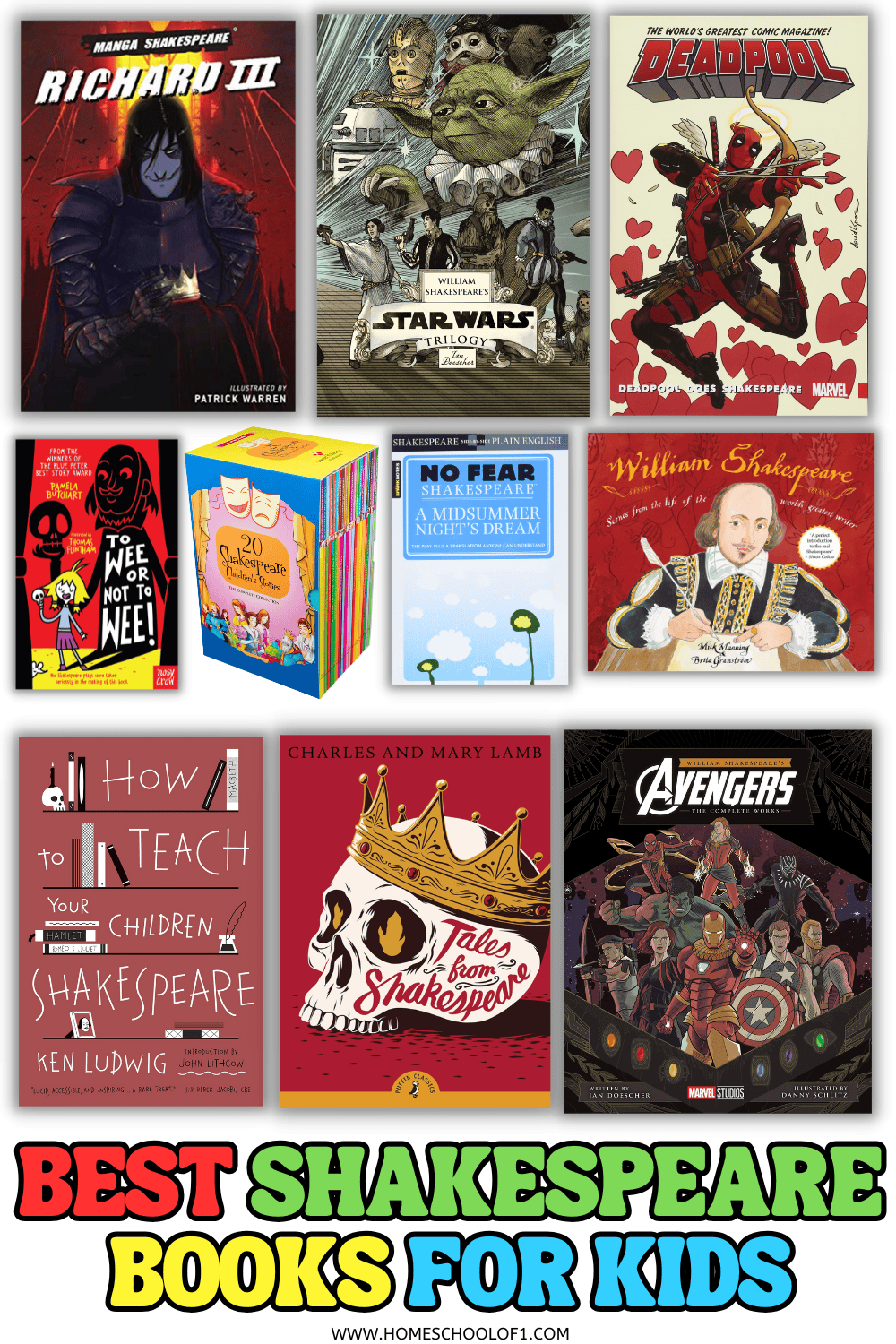 Shakespeare books for kids including manga, Star Wars, Deadpool, No Fear, and classic retellings for young readers.

