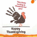 Thanksgiving handprint template of a brown turkey with message “This little turkey is thankful for you!”