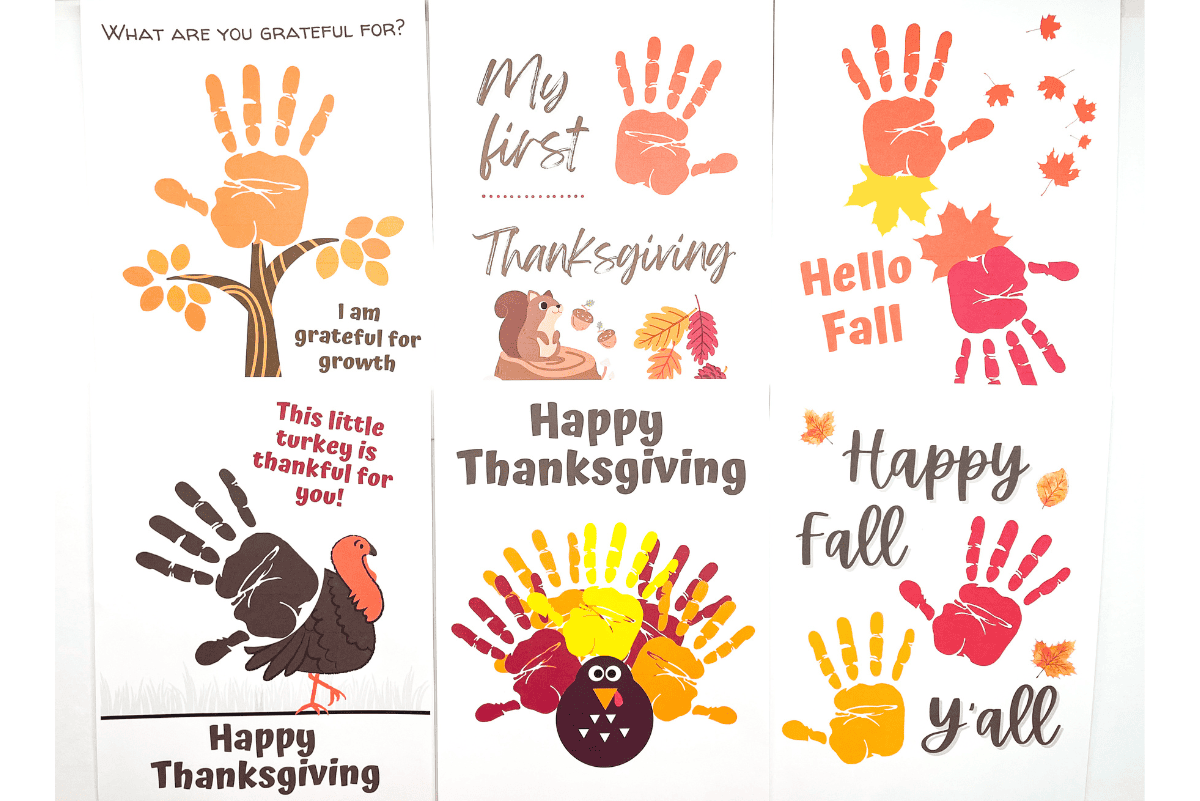 Collection of six Thanksgiving handprint templates featuring turkeys, fall leaves, trees, and messages like “My First Thanksgiving” and “Happy Fall Y’all.” Designed for kids to add colorful handprints for a fun and festive craft.