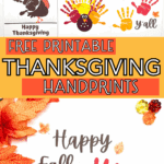 Handprint turkey art with layered prints in red, orange, and yellow and Happy Thanksgiving text.