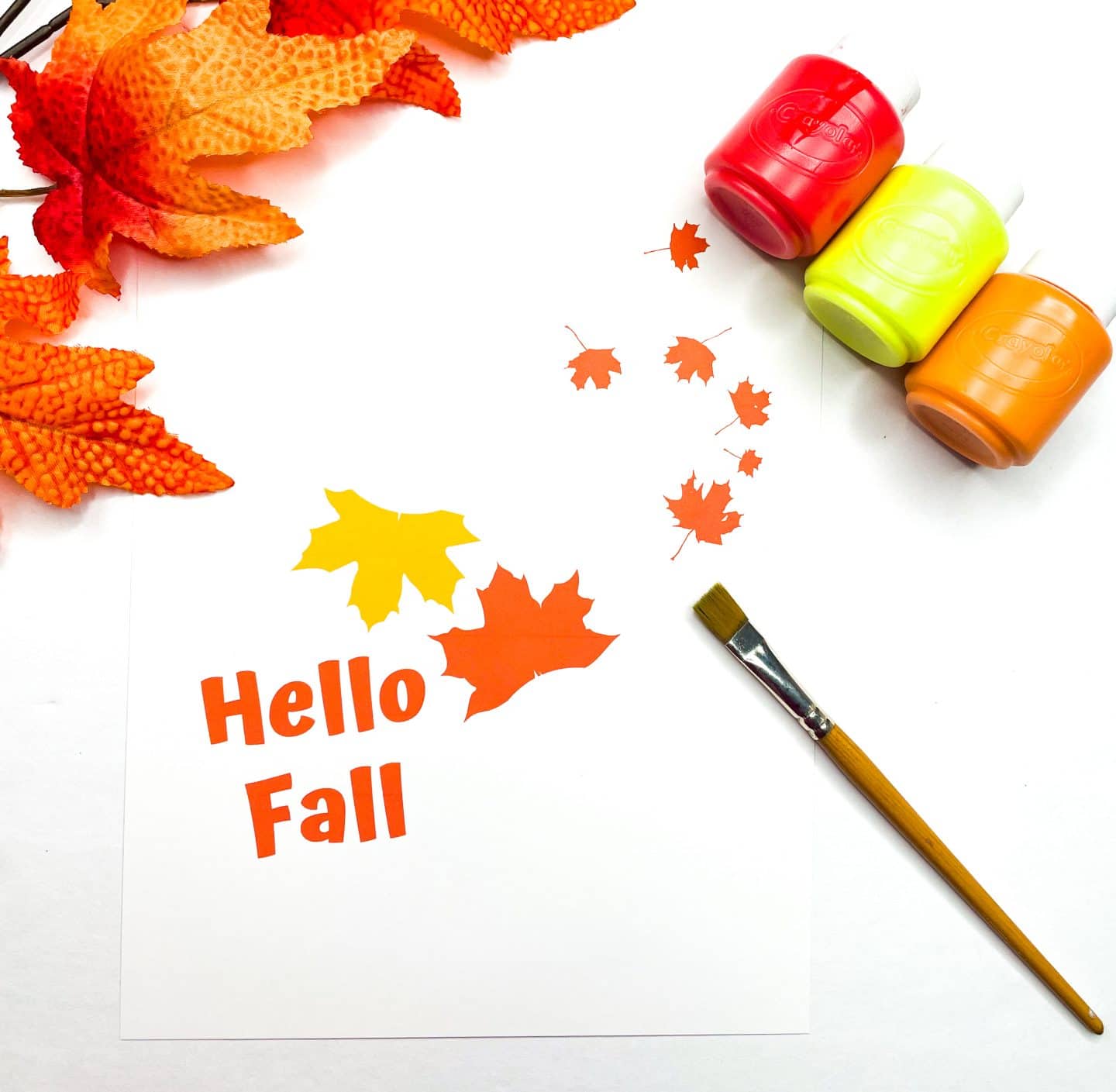 thanksgiving handprint template hello fall with orange red and yellow paint pots and a paint brsuh.