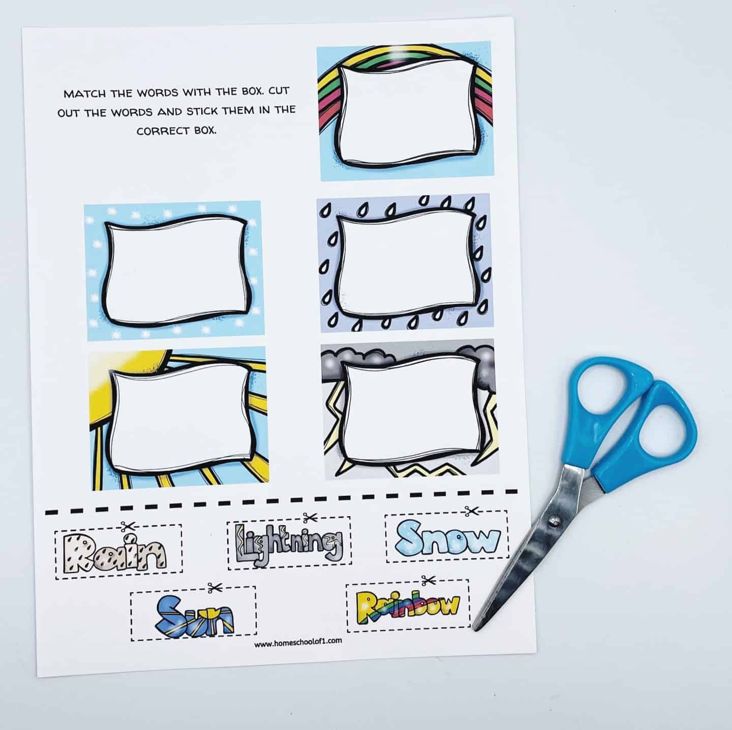 Worksheet with five blank decorative boxes, scissors, and weather-related words: Rain, Lightning, Snow, Sun, Rainbow. The words are in colorful fonts designed to be cut out and matched with the boxes.
