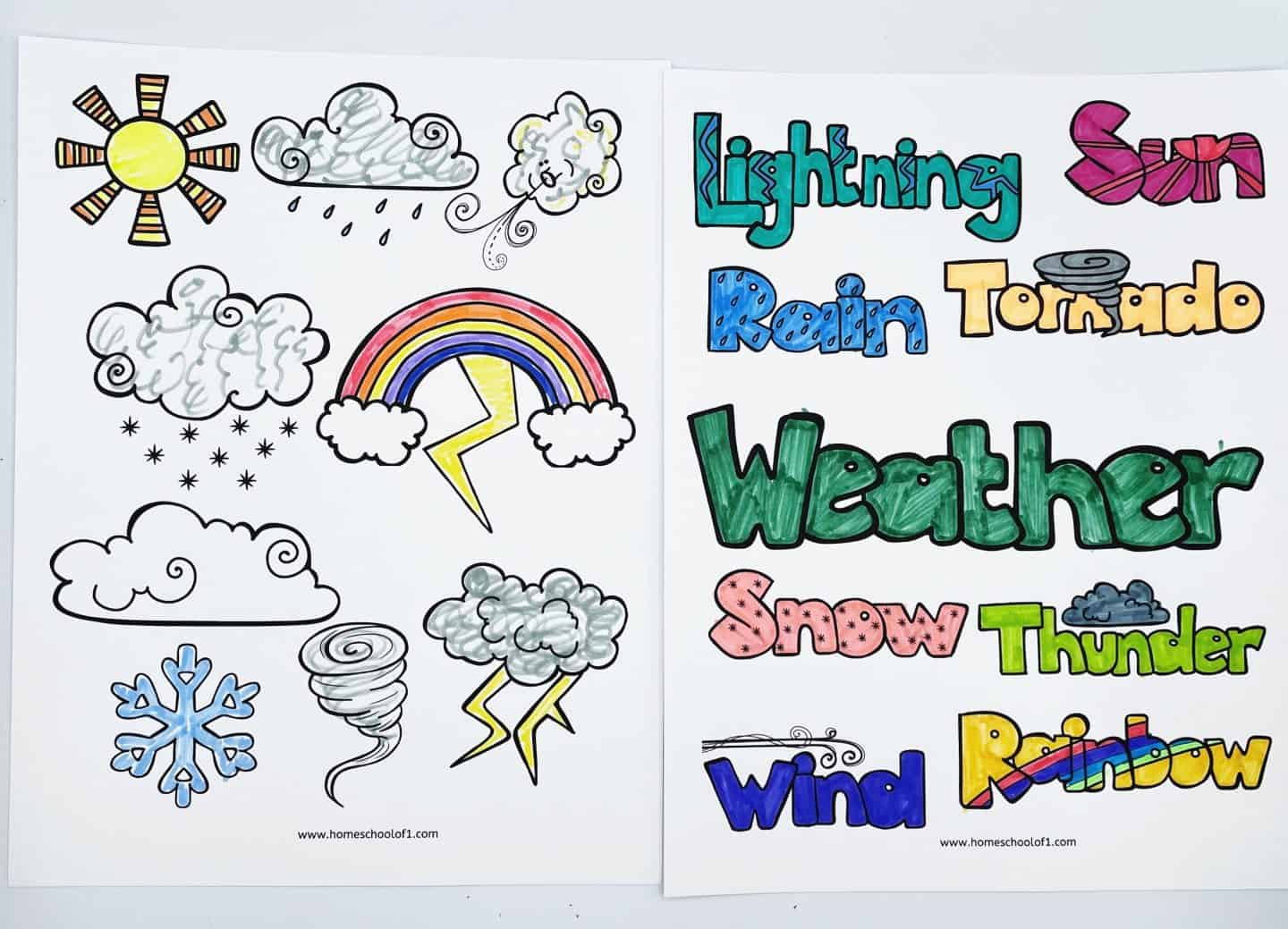 Two illustrated worksheets. The first shows weather-related drawings including a sun, clouds, rain, rainbow, snow, and lightning. The second lists weather words in colorful, patterned fonts: lightning, sun, rain, tornado, weather, snow, thunder, wind, rainbow.
