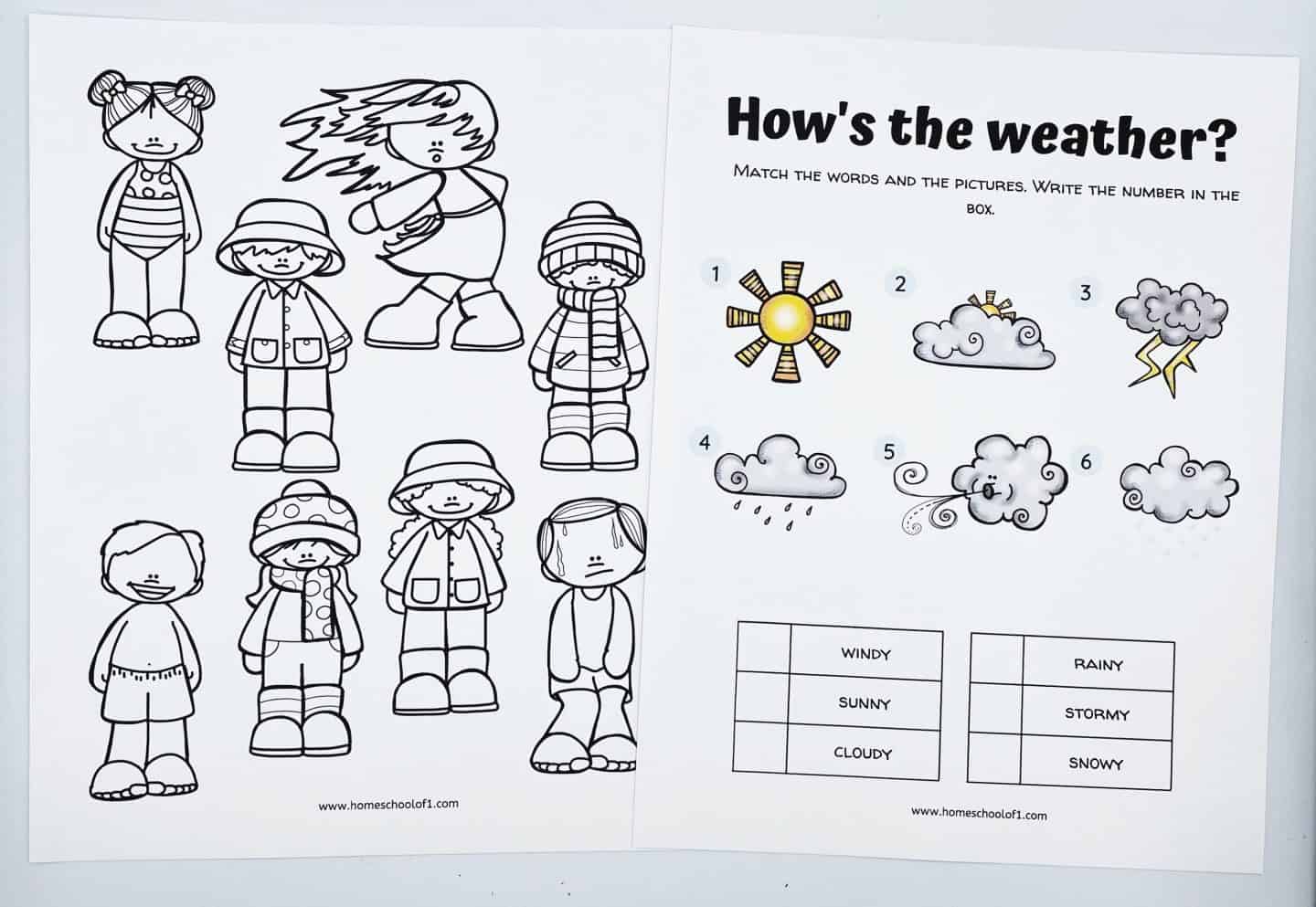 Black and white weather-themed worksheet for kids. Left page shows cartoon kids dressed for different weather, right page has weather symbols (sun, cloud, wind, rain, storm) to match with words: windy, sunny, cloudy, rainy, stormy, snowy.

