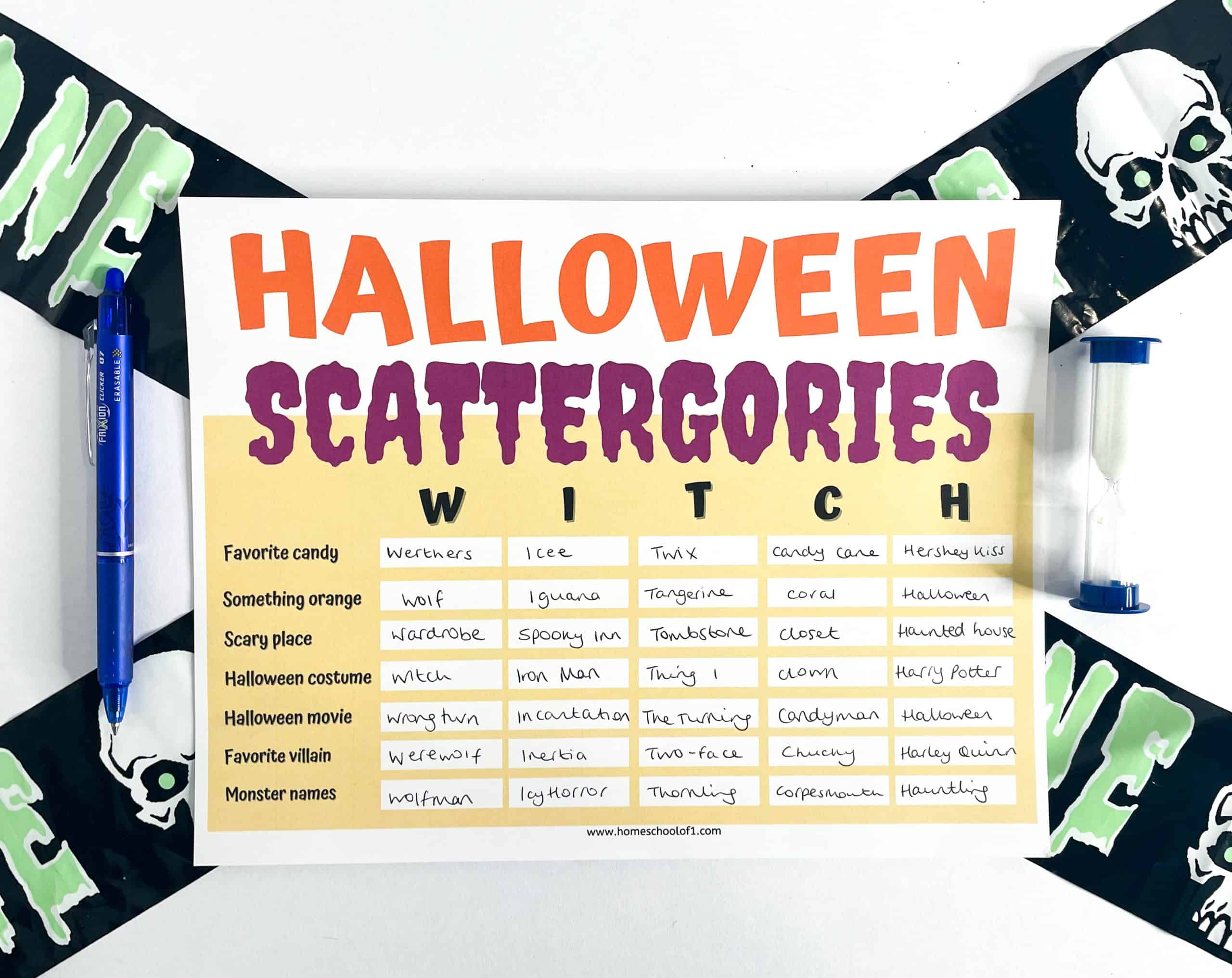Free Halloween Scattergories Printable Game