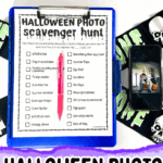 Free Halloween photo scavenger hunt printable with smartphone and Halloween decorations for teens and kids.