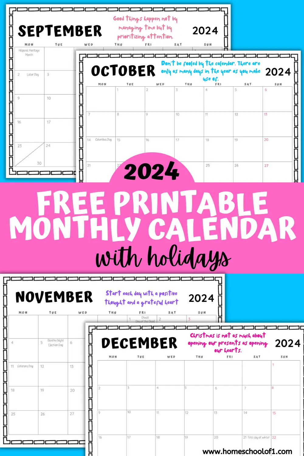 2024 monthly calendar with holidays