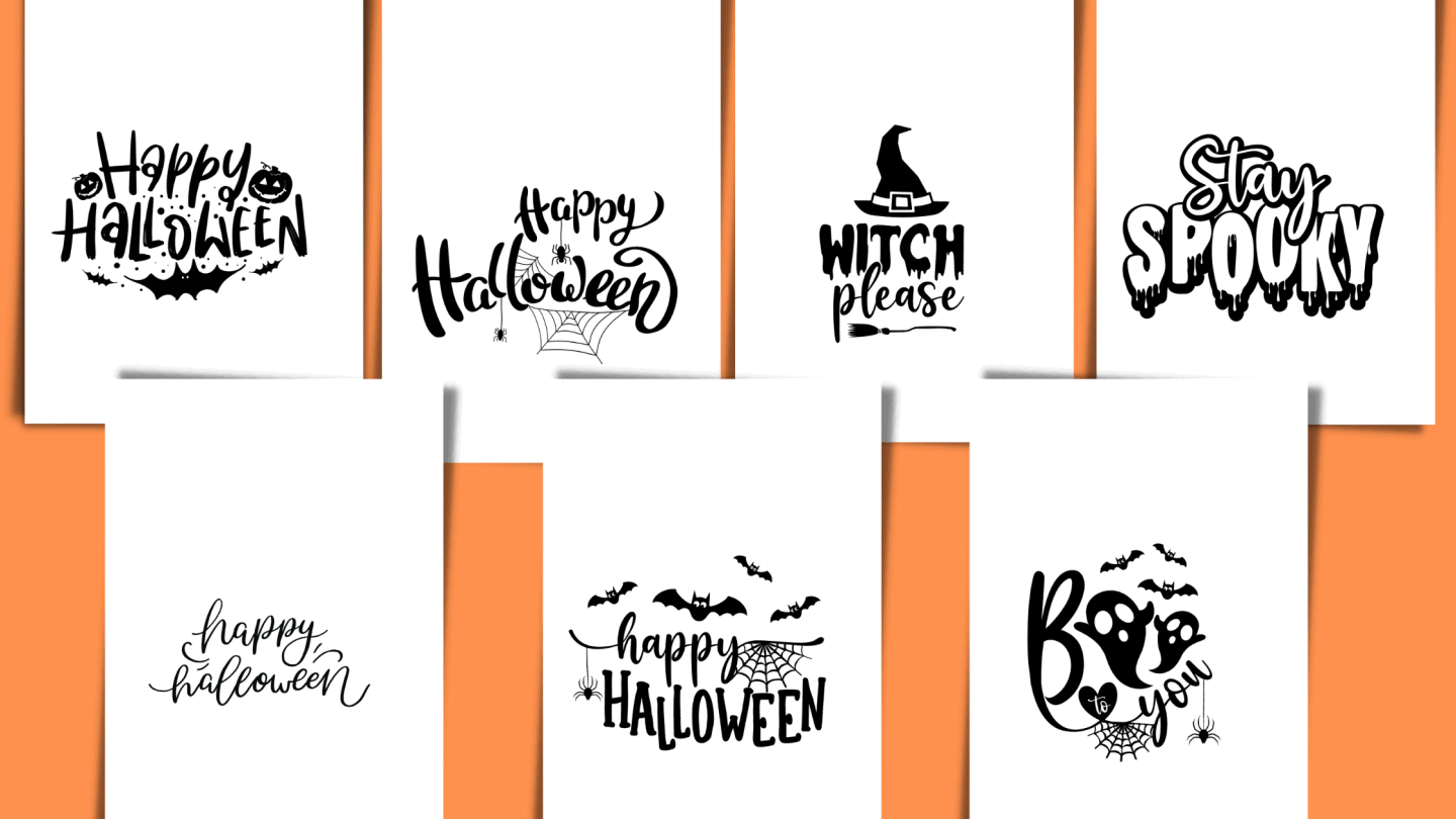 A set of black-and-white Halloween-themed card designs, shown against an orange background. Each card features festive phrases in stylized lettering, including “Happy Halloween” with pumpkins and bats, “Witch Please” with a witch hat, “Stay Spooky” with dripping letters, “Boo to You” with ghosts and bats, and several variations of “Happy Halloween” accented with spiders, webs, and bats. These are likely the backs of printable Halloween coloring cards.