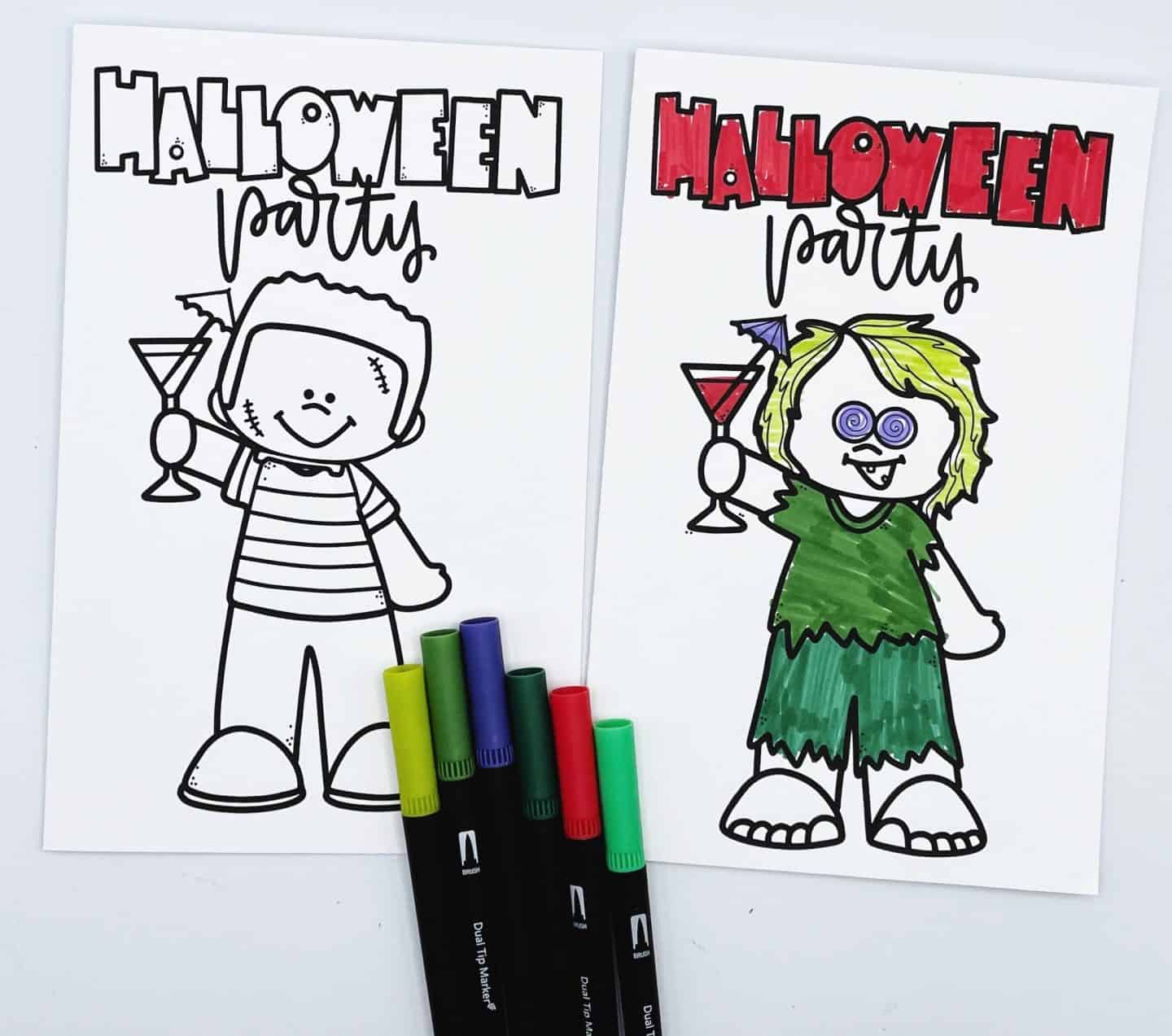 Two Halloween coloring cards featuring cartoon characters at a "Halloween Party" holding cocktail glasses. The left card is uncolored, showing a smiling character in a striped shirt and helmet. The right card is partially colored, depicting a zombie-like character with wild yellow hair, green tattered clothes, purple swirly eyes, and a red drink. Five colorful markers are arranged below the cards.