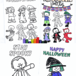 Set of four free Halloween coloring cards for kids, partially colored with bright markers, including characters like vampires, witches, and zombies.