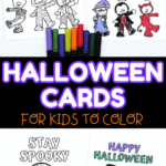 Free Halloween cards to color featuring cute kid-friendly characters and bold Halloween greetings, shown with coloring pens and marker sets.