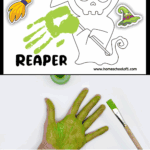 Child’s green-painted handprint on a printable Grim Reaper craft template with Halloween-themed stickers like a witch hat, broom, and candy corn.