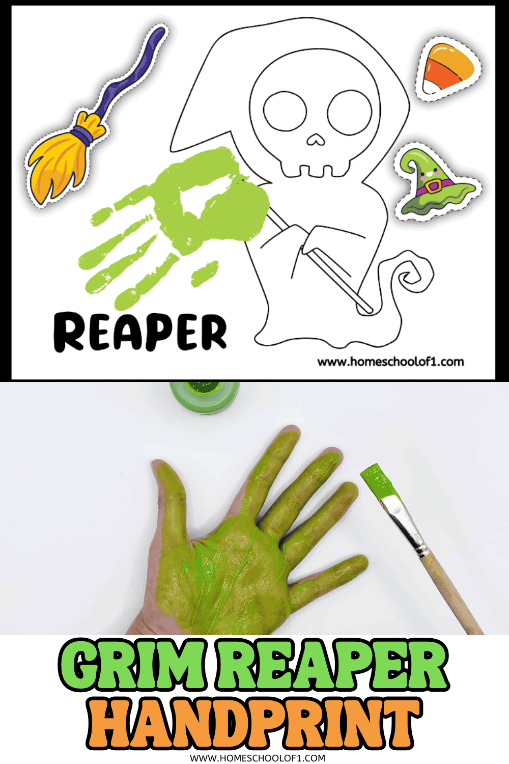 Child’s green-painted handprint on a printable Grim Reaper craft template with Halloween-themed stickers like a witch hat, broom, and candy corn.

