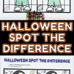 Two Halloween spot the difference printable worksheets featuring a zombie and a vampire, each with seven hidden differences and space for coloring; shown completed with crayons at the bottom of the page.