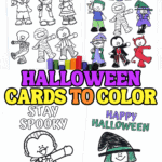 Four printable Halloween coloring cards for kids, featuring fun characters like mummies, witches, skeletons, and vampires with the phrases “Happy Halloween” and “Stay Spooky.”