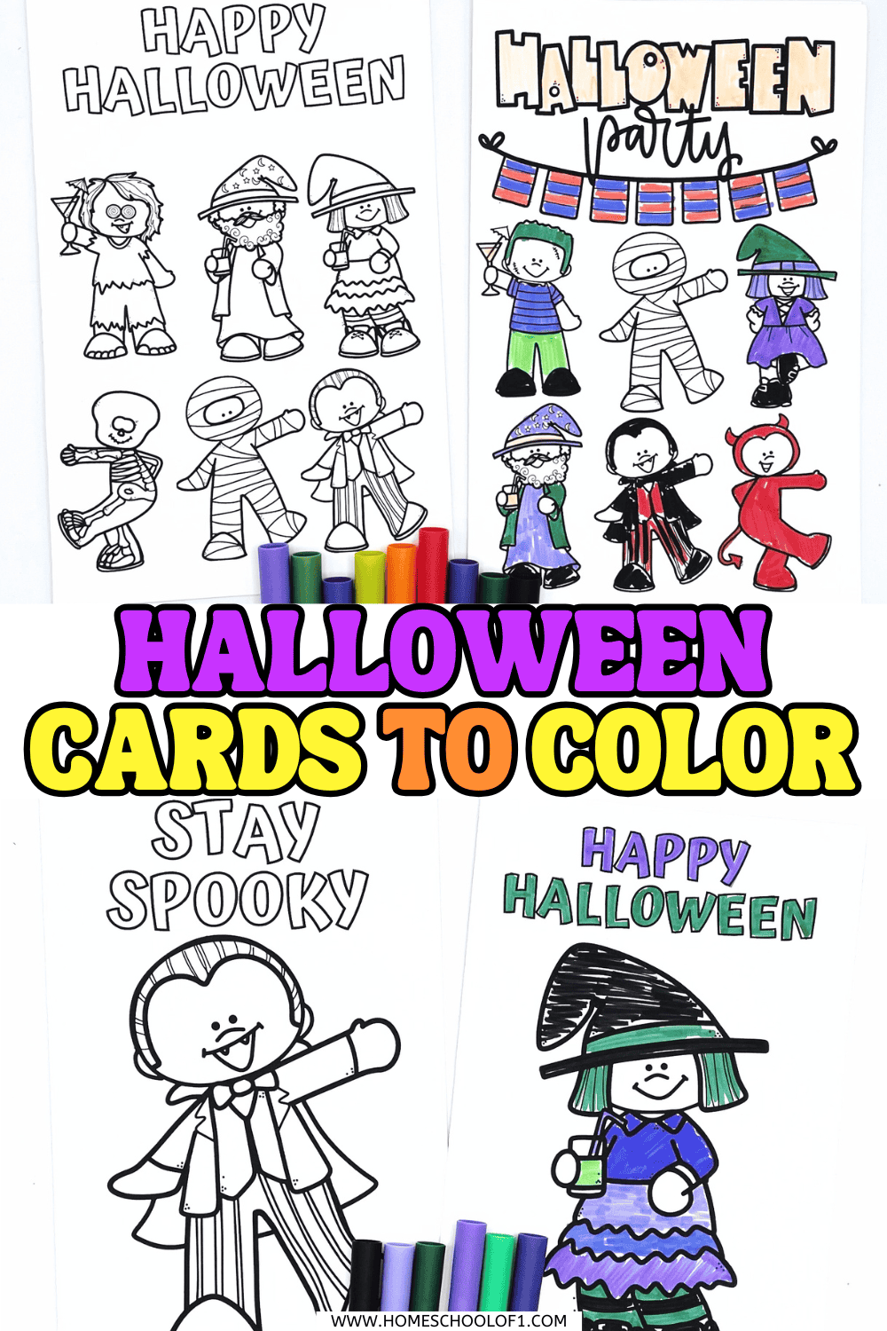 Four printable Halloween coloring cards for kids, featuring fun characters like mummies, witches, skeletons, and vampires with the phrases “Happy Halloween” and “Stay Spooky.”

