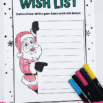 Santa-themed wish list printable with lined space for writing and a smiling Santa illustration peeking from the side.
