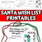 Santa wish list letter printable shown with holiday beads and four fill-in boxes labeled by importance and theme.