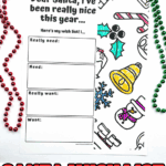 Color-in Santa wish list printable with boxes labeled “Really need,” “Need,” “Really want,” and “Want,” surrounded by festive illustrations.