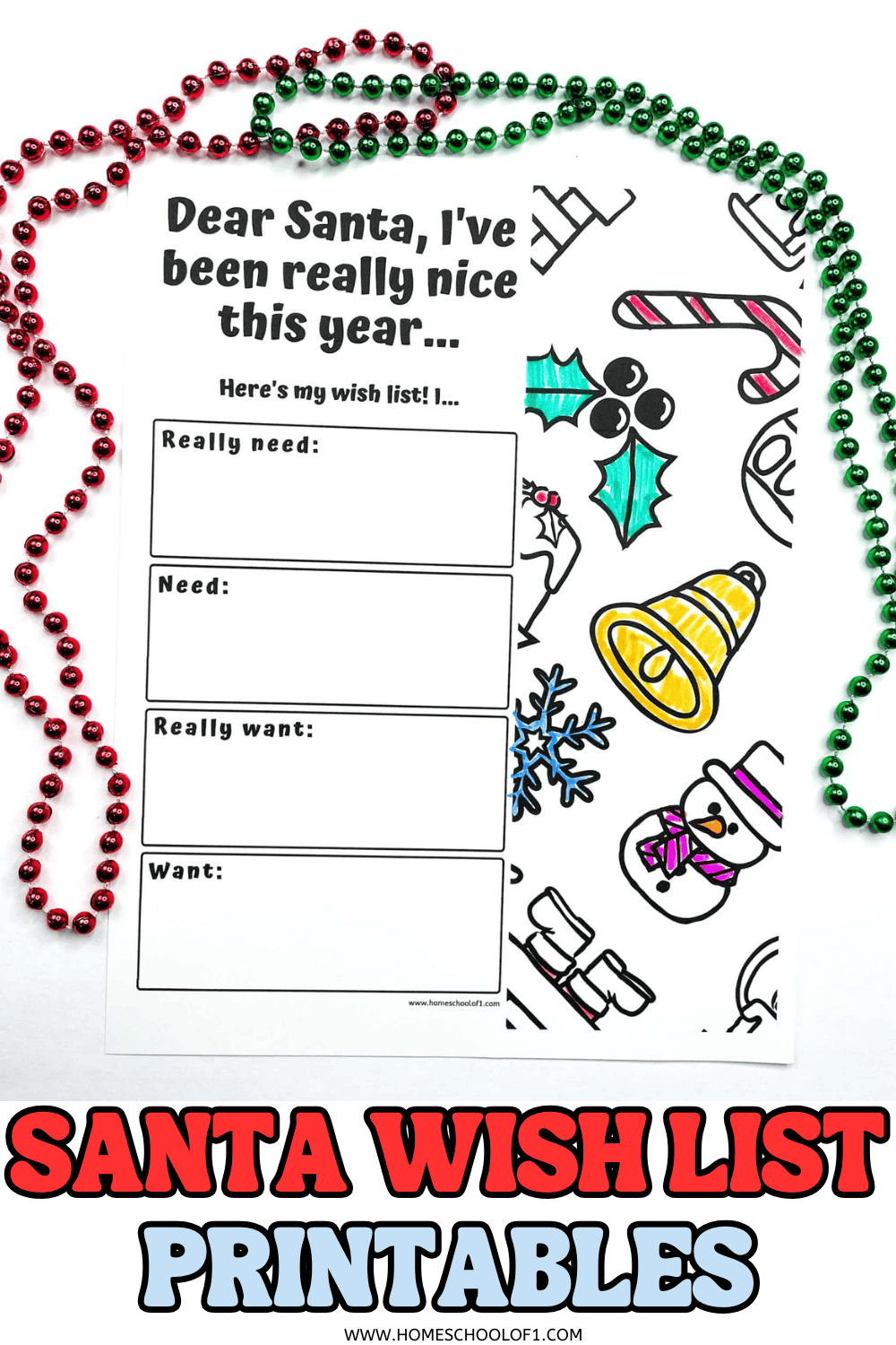 Color-in Santa wish list printable with boxes labeled “Really need,” “Need,” “Really want,” and “Want,” surrounded by festive illustrations.

