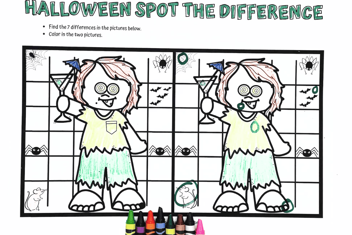 Zoomed-in Halloween spot the difference zombie worksheet, colored with crayons, showing a grid background and seven subtle differences.