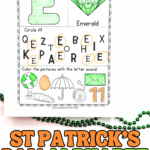 St Patrickโs Day alphabet worksheet featuring the letter E with emerald coloring, circle-the-letter activity, and sound matching pictures for preschoolers